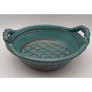 Signed Studio Pottery Bowl With Twisted Handles Teal Blue Fishscale Design